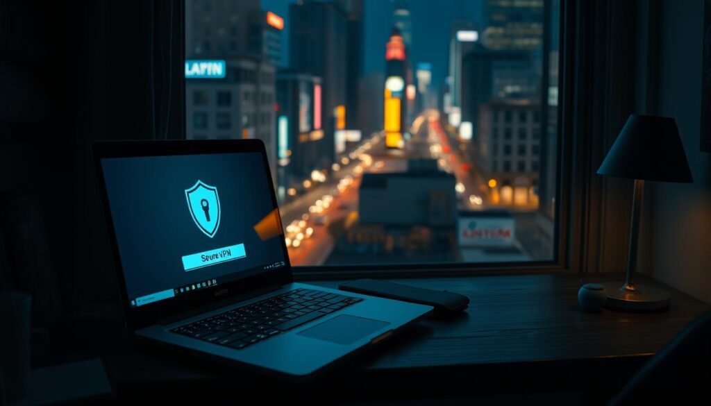 A dimly lit home office, with a laptop on a wooden desk. The laptop screen displays a secure VPN connection, the VPN logo prominently featured. In the background, a window overlooking a bustling city streetscape, the neon signs of nearby buildings casting a warm glow. Soft lighting from a desk lamp creates a cozy, focused atmosphere. The scene conveys a sense of privacy, security, and control over one's online activities, even in a public setting.