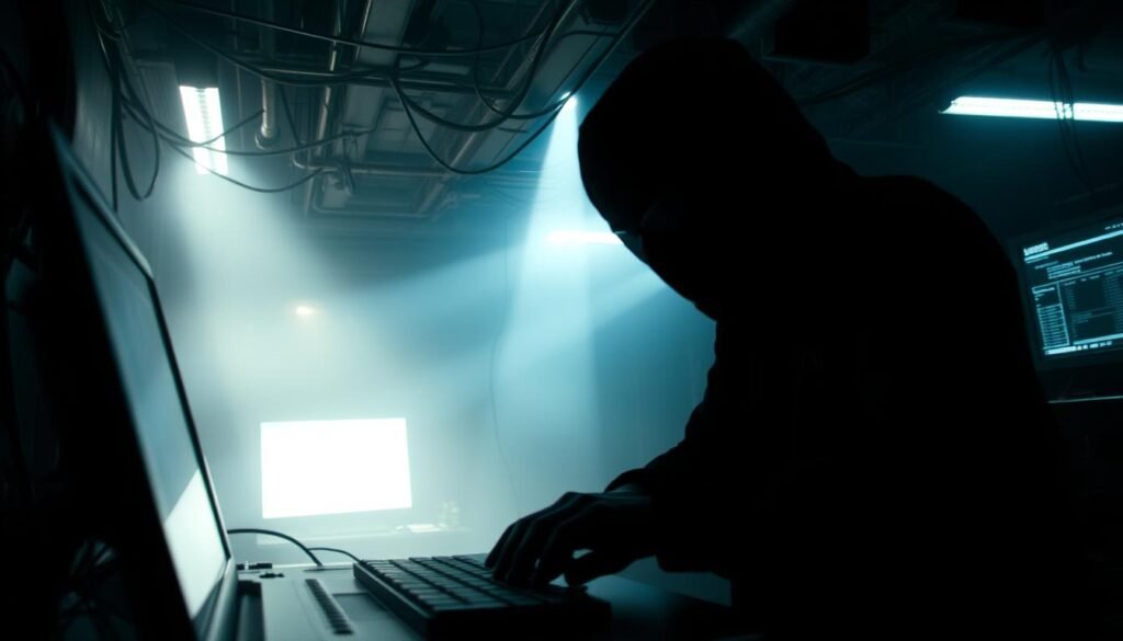A dimly lit, industrial setting with exposed wiring and circuit boards. In the foreground, a shadowy figure appears to be manipulating a keyboard, their hands moving swiftly across the keys. The background is hazy, with a sense of unease and the faint glow of digital screens. Subtle beams of light intersect, casting an eerie, ominous atmosphere. The scene conveys a sense of vulnerability and the threat of remote code execution, a critical security vulnerability in the IoT landscape.