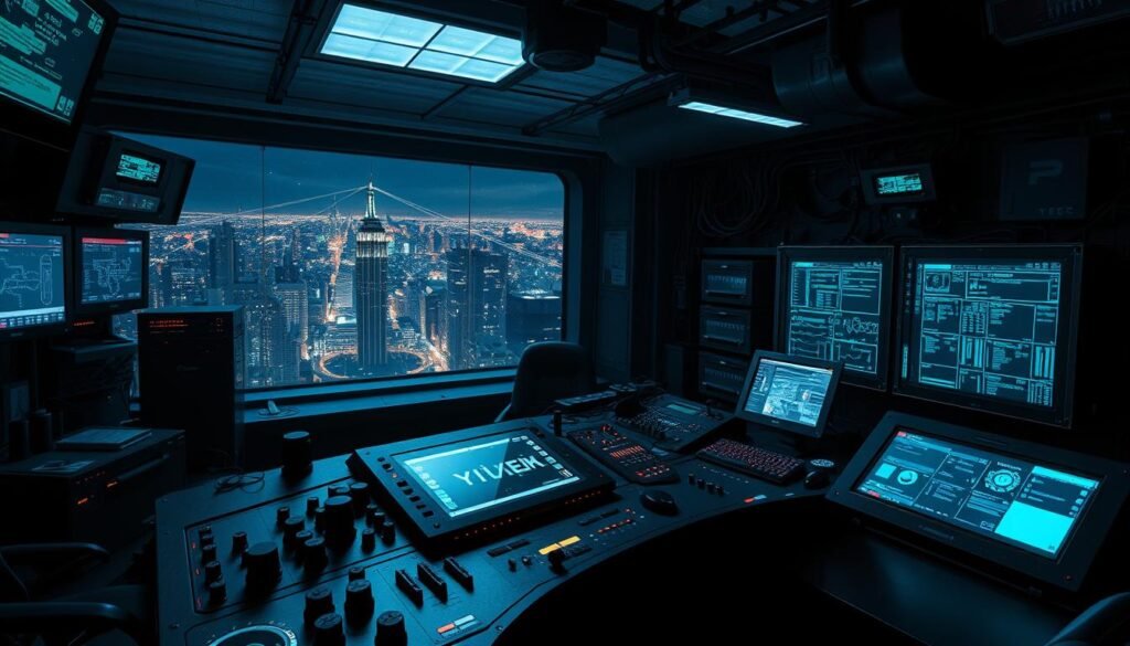A dimly lit, industrial-style control room with multiple screens and holographic displays. In the foreground, a sleek, futuristic console with various knobs, switches, and a central touchscreen interface. Behind it, a network of cables and server racks, casting an eerie glow. In the background, a panoramic window overlooking a city skyline at night, with a web of interconnected nodes and data streams visible. The atmosphere is tense, with a sense of power and control, reflecting the intricate command and control mechanisms of a botnet. A dimly lit, industrial-style control room with multiple screens and holographic displays. In the foreground, a sleek, futuristic console with various knobs, switches, and a central touchscreen interface. Behind it, a network of cables and server racks, casting an eerie glow. In the background, a panoramic window overlooking a city skyline at night, with a web of interconnected nodes and data streams visible. The atmosphere is tense, with a sense of power and control, reflecting the intricate command and control mechanisms of a botnet.
