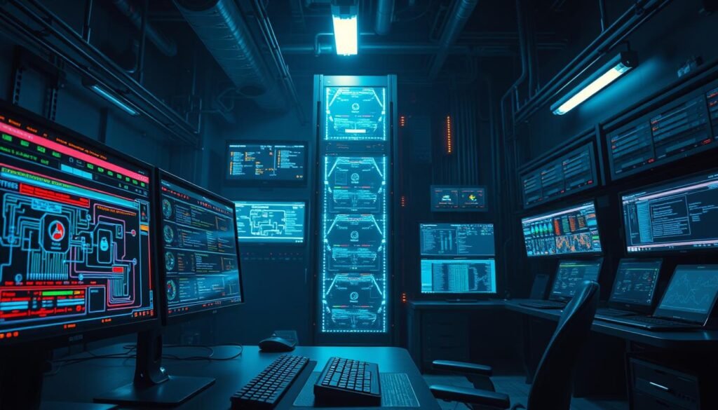 A dimly lit, industrial-style cybersecurity command center. In the foreground, a sleek, futuristic computer terminal displays a complex network topology, with colorful data streams and secure access protocols. The middle ground features an array of high-tech monitoring screens, each showcasing real-time threat detection, vulnerability analysis, and incident response systems. In the background, a towering server rack stands tall, its blinking lights and cooling fans hinting at the immense computational power required to safeguard critical digital assets. The atmosphere is one of tense focus, with a subtle sense of urgency and the weight of responsibility hanging in the air. A dimly lit, industrial-style cybersecurity command center. In the foreground, a sleek, futuristic computer terminal displays a complex network topology, with colorful data streams and secure access protocols. The middle ground features an array of high-tech monitoring screens, each showcasing real-time threat detection, vulnerability analysis, and incident response systems. In the background, a towering server rack stands tall, its blinking lights and cooling fans hinting at the immense computational power required to safeguard critical digital assets. The atmosphere is one of tense focus, with a subtle sense of urgency and the weight of responsibility hanging in the air.