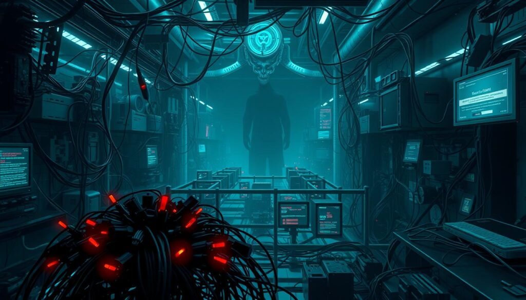 A dimly lit, industrial-style setting with a complex network of interconnected wires, cables, and electronic devices. In the foreground, there is a cluster of anomalies and vulnerabilities, represented by glitching pixels, corrupted data streams, and cryptic error messages. The middle ground features a maze of overlapping attack surfaces, with gaps and blind spots where threats can slip through undetected. The background showcases a looming, ominous presence, hinting at the relentless nature of modern cyber threats. The scene is bathed in a cool, bluish-green hue, conveying a sense of unease and the evasive nature of the "detection gaps" that undermine traditional security defenses. A sense of depth and scale is achieved through the use of subtle depth-of-field and lighting effects.