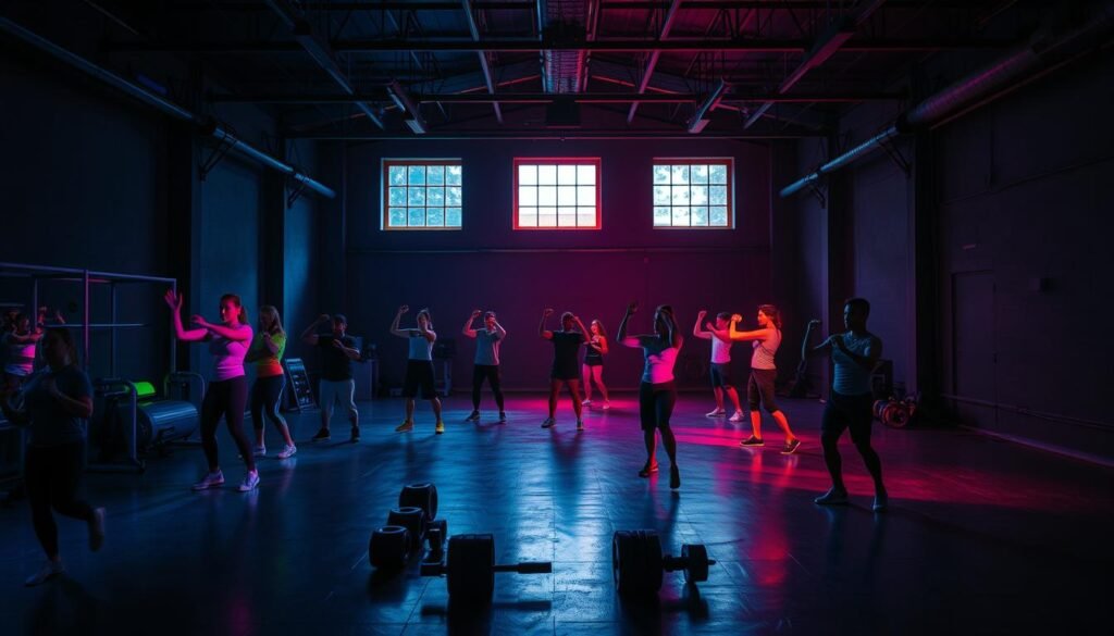 A dimly lit, industrial-style studio space with high ceilings and large windows. In the foreground, a group of people are engaged in various fitness exercises, their movements captured in a series of dynamic poses. Vibrant colors - reds, blues, greens - are projected onto their bodies, creating a mesmerizing visual effect that blends the physical activity with the psychology of perception. The middle ground features a collection of exercise equipment, weights, and other fitness-related objects, all bathed in the same colorful lighting. In the background, a subtle grid pattern is visible on the walls, hinting at the analytical and technical aspects of this exercise in perception. The overall mood is one of exploration, experimentation, and the interplay between the physical and the cognitive.