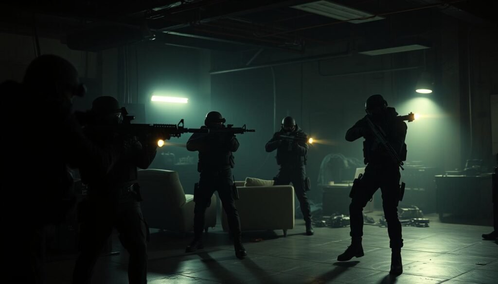 A dimly lit industrial workspace, the air thick with tension. In the foreground, a team of covert operatives, their faces obscured by tactical gear, engage in a tense confrontation. Muzzle flashes illuminate the scene, as they move with precision, communicating through hand signals. In the middle ground, overturned furniture and scattered equipment suggest a struggle. The background is shrouded in shadows, hinting at the larger operation unfolding. Dramatic chiaroscuro lighting casts dramatic shadows, heightening the sense of danger and urgency. The image conveys the moment when OPSEC was breached, and the red team's cover was blown, leading to a frantic engagement. A dimly lit industrial workspace, the air thick with tension. In the foreground, a team of covert operatives, their faces obscured by tactical gear, engage in a tense confrontation. Muzzle flashes illuminate the scene, as they move with precision, communicating through hand signals. In the middle ground, overturned furniture and scattered equipment suggest a struggle. The background is shrouded in shadows, hinting at the larger operation unfolding. Dramatic chiaroscuro lighting casts dramatic shadows, heightening the sense of danger and urgency. The image conveys the moment when OPSEC was breached, and the red team's cover was blown, leading to a frantic engagement.