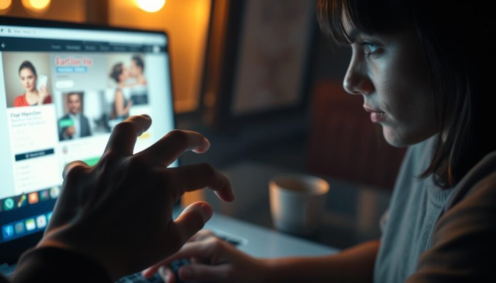 A dimly lit internet cafe, the glow of a laptop screen illuminating a person's face. On the screen, a social media profile filled with carefully curated images and a charming bio. In the foreground, a hand reaching towards a smartphone, fingers hovering over a dating app, ready to make a connection. The atmosphere is tense, as the person's expression betrays a mixture of excitement and uncertainty. Soft, warm lighting creates a sense of intimacy, while the background fades into a hazy blur, emphasizing the focus on the digital interaction. The scene conveys the allure and potential danger of online romance scams, where the pursuit of companionship can lead to financial exploitation. A dimly lit internet cafe, the glow of a laptop screen illuminating a person's face. On the screen, a social media profile filled with carefully curated images and a charming bio. In the foreground, a hand reaching towards a smartphone, fingers hovering over a dating app, ready to make a connection. The atmosphere is tense, as the person's expression betrays a mixture of excitement and uncertainty. Soft, warm lighting creates a sense of intimacy, while the background fades into a hazy blur, emphasizing the focus on the digital interaction. The scene conveys the allure and potential danger of online romance scams, where the pursuit of companionship can lead to financial exploitation.