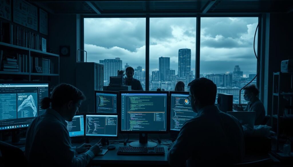 A dimly lit laboratory setting, with a central workstation showcasing an array of digital screens displaying various data visualizations, code snippets, and variable structures. In the foreground, a team of researchers intently examining the screens, their expressions a blend of concentration and discovery. Soft, directional lighting casts dramatic shadows, creating a sense of depth and tension. The background features a backdrop of bookshelves, scientific equipment, and a large window overlooking a cloudy cityscape, hinting at the broader context of the research. The overall atmosphere is one of intense intellectual pursuit, with the researchers deeply immersed in unraveling the complexities of exposed environment files and cloud credentials.