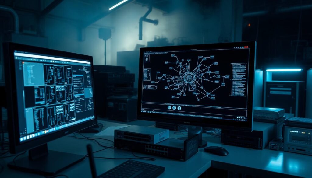 A dimly lit laboratory setting, with an array of network scanning tools prominently displayed on a sleek, modern workstation. In the foreground, a high-resolution display shows a detailed network topology, highlighted with various ports and connections. In the middle ground, a collection of specialized hardware devices, such as network switches, routers, and monitoring equipment, sits neatly arranged. The background is shrouded in a hazy, techno-industrial atmosphere, with subtle lighting that casts dramatic shadows, emphasizing the importance and complexity of the task at hand.