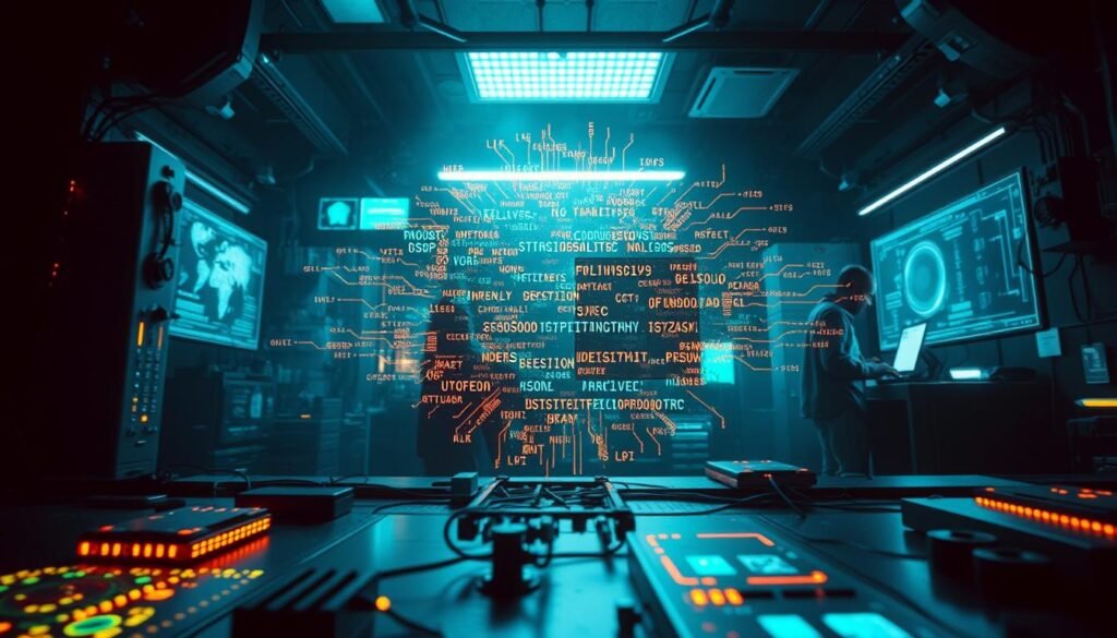 A dimly lit laboratory setting, with various digital and technological elements in the foreground, middle, and background. In the center, a representation of polymorphic malware code, shifting and morphing dynamically, surrounded by glowing circuit boards, pulsing data streams, and shadowy figures manipulating holographic interfaces. The lighting is a mix of cool, bluish tones and flickering, amber-hued accents, creating an ominous and unsettling atmosphere. The camera angle is slightly low, adding a sense of tension and foreboding. The overall scene conveys the complex, ever-changing nature of polymorphic viruses and the challenge of detecting them.