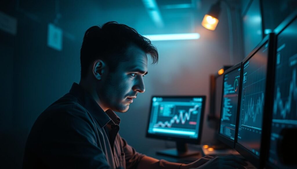 A dimly lit laboratory, the glow of computer screens casting an eerie light across the room. A data analyst intently examines a series of graphs and charts, their brow furrowed in concentration as they delve into the results of a simulated ransomware attack. The air is thick with tension, the only sound the gentle hum of machinery and the occasional click of a keyboard. The analyst's face is illuminated by the soft blue light, their expression a mix of concern and determination as they work to unravel the complexities of the attack and identify potential vulnerabilities. The background is hazy, with a sense of depth and perspective that draws the viewer's eye to the central figure, the focus of the scene.