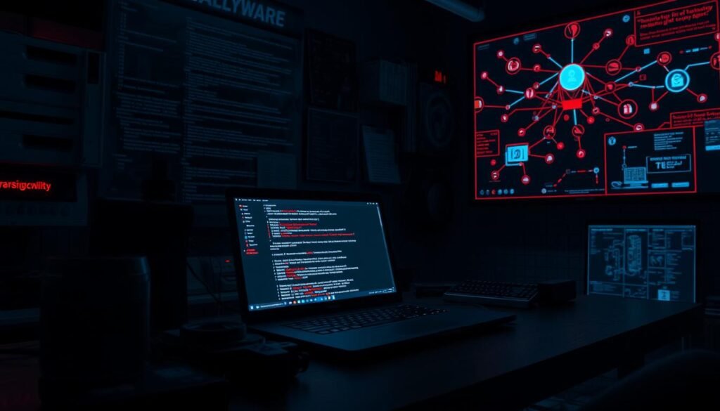 A dimly lit laboratory workspace, with a laptop screen displaying complex code and cryptic symbols. In the foreground, various cybersecurity tools and devices are scattered across the desk, casting ominous shadows. The middle ground showcases a virtual machine running a simulated ransomware attack, its screen emitting an eerie, red-tinged glow. In the background, a network diagram and threat intelligence data are projected onto the wall, providing context and a sense of the broader cybersecurity landscape. The overall atmosphere conveys the challenges and complexity of safely simulating a ransomware attack, with a moody, intense, and suspenseful tone.