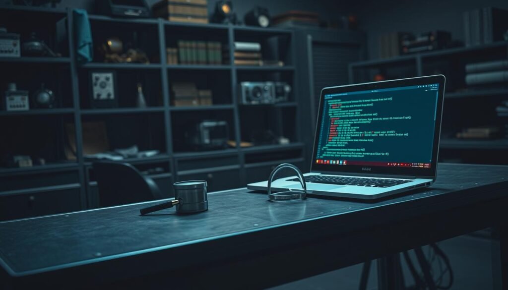 A dimly lit laboratory workspace, with a sturdy metal desk in the foreground. On the desk, a laptop displaying a series of code lines and warning symbols, indicating a malware analysis in progress. In the middle ground, a magnifying glass and a small metal container, symbolizing the process of carefully containing and examining the malicious file. The background features shelves filled with technical equipment, books, and a sense of focused intensity. Soft directional lighting casts shadows, creating an atmosphere of controlled investigation and cautious exploration.