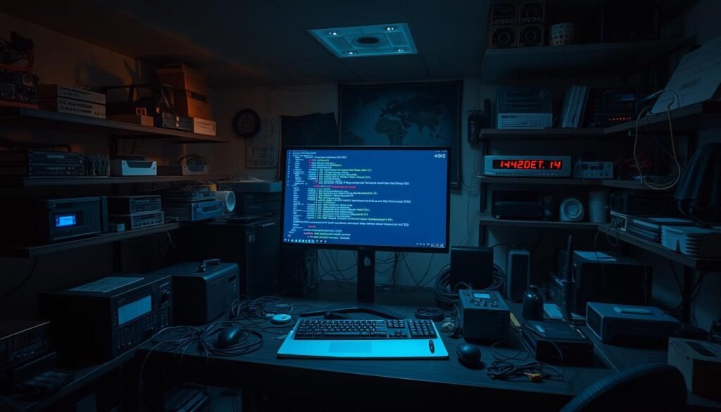 A dimly lit laboratory workspace, with various cybersecurity tools and devices scattered across a cluttered desk. In the foreground, a high-resolution display shows a detailed malware analysis interface, its screen casting a bluish glow. Surrounding the desk, shelves hold an array of diagnostic hardware, network sniffers, and forensic kits. Overhead, a soft, indirect lighting creates shadows and highlights the focus on the analysis tools. The atmosphere conveys a sense of intense, meticulous investigation into the inner workings of malicious software, ready to uncover its secrets. A dimly lit laboratory workspace, with various cybersecurity tools and devices scattered across a cluttered desk. In the foreground, a high-resolution display shows a detailed malware analysis interface, its screen casting a bluish glow. Surrounding the desk, shelves hold an array of diagnostic hardware, network sniffers, and forensic kits. Overhead, a soft, indirect lighting creates shadows and highlights the focus on the analysis tools. The atmosphere conveys a sense of intense, meticulous investigation into the inner workings of malicious software, ready to uncover its secrets.