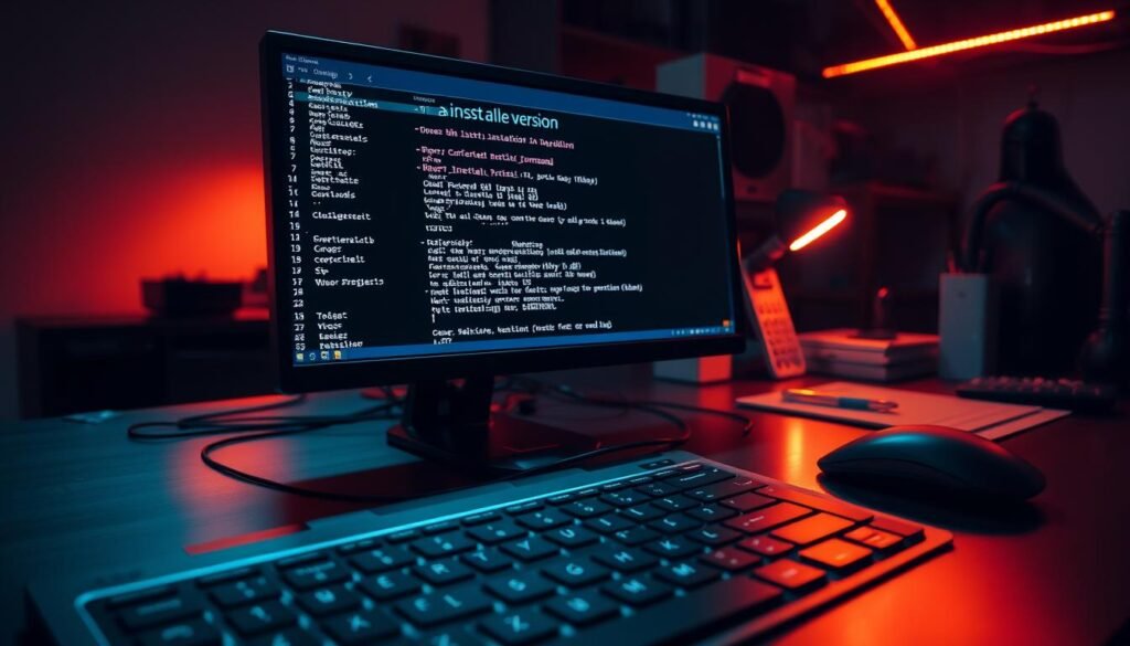 A dimly lit, metallic workstation showcases a terminal window displaying the "installation version command" output. The foreground features a sleek, modern keyboard and a mouse cursor hovering over the terminal, suggesting an active interaction. The middle ground depicts a high-resolution desktop monitor displaying the command's result, with clean lines and a subtle, technical aesthetic. The background subtly hints at a organized workspace, with task-oriented accessories and a sense of focused productivity. Warm, directional lighting casts a professional, technical atmosphere, emphasizing the importance of the "installation version" information being displayed. A dimly lit, metallic workstation showcases a terminal window displaying the "installation version command" output. The foreground features a sleek, modern keyboard and a mouse cursor hovering over the terminal, suggesting an active interaction. The middle ground depicts a high-resolution desktop monitor displaying the command's result, with clean lines and a subtle, technical aesthetic. The background subtly hints at a organized workspace, with task-oriented accessories and a sense of focused productivity. Warm, directional lighting casts a professional, technical atmosphere, emphasizing the importance of the "installation version" information being displayed.