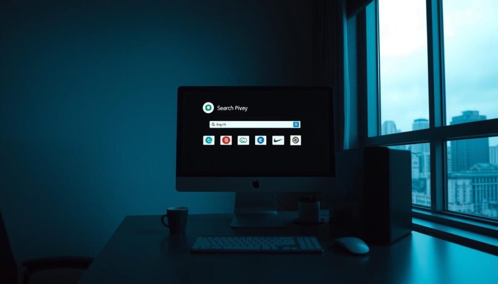 A dimly lit, minimalist workspace with a sleek, modern desktop computer and several privacy-focused search engine logos prominently displayed on the screen. The room is bathed in a soft, blue-tinted lighting, creating a calming, focused atmosphere. In the background, a large window overlooks a cityscape, emphasizing the juxtaposition of technology and the need for digital privacy. The overall composition conveys a sense of intentionality and the importance of safeguarding one's online presence.