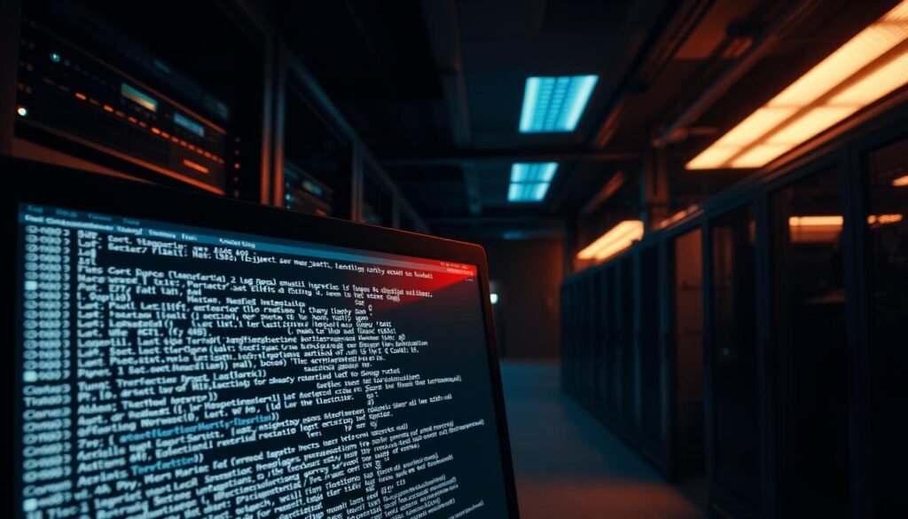 A dimly lit, modern server room with rows of racks housing various networking equipment. In the foreground, a detailed view of log files displayed on a computer screen, the text clearly legible. The screen is positioned at an angle, creating a sense of urgency and investigation. The background features a subtle grid pattern on the walls, suggesting a high-tech, secure environment. Warm lighting from above casts a soft glow, creating a somber mood. The scene conveys the idea of uncovering evidence of a hacking attempt by closely examining the system logs.