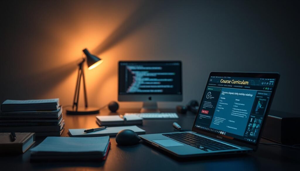 A dimly lit, modern web development workstation showcasing a variety of web application security courses. In the foreground, a laptop screen displays a course curriculum with secure coding practices, penetration testing techniques, and web vulnerability analysis. Surrounding the laptop, neatly organized textbooks, notebooks, and a sleek, minimalist mouse and keyboard setup. In the middle ground, a clean, contemporary desk with a subtle industrial feel, illuminated by warm, directional lighting from a desk lamp. The background features a minimalist, gray-toned wall, adding a sense of professionalism and focus to the scene. A dimly lit, modern web development workstation showcasing a variety of web application security courses. In the foreground, a laptop screen displays a course curriculum with secure coding practices, penetration testing techniques, and web vulnerability analysis. Surrounding the laptop, neatly organized textbooks, notebooks, and a sleek, minimalist mouse and keyboard setup. In the middle ground, a clean, contemporary desk with a subtle industrial feel, illuminated by warm, directional lighting from a desk lamp. The background features a minimalist, gray-toned wall, adding a sense of professionalism and focus to the scene.