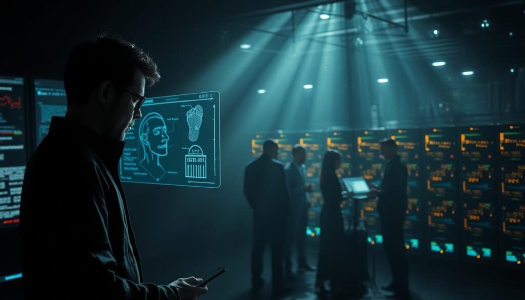 A dimly lit, moody scene depicting the stages of the threat hunting lifecycle. In the foreground, a lone cybersecurity analyst scrutinizes a holographic display, tracing the digital footprints of a suspected threat actor. In the middle ground, a team of analysts collaborate, sharing insights and strategies. In the background, a vast network of interconnected servers and databases, pulsing with data. Dramatic chiaroscuro lighting casts long shadows, heightening the tension. The scene conveys the methodical, meticulous nature of the threat hunting process, as the blue team works to uncover, investigate, and respond to emerging cyber threats.
