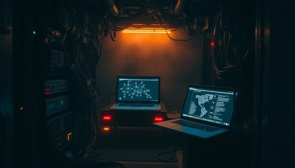 A dimly lit network closet, filled with a tangle of cables and blinking lights. In the foreground, a series of unidentified devices - some sleek and modern, others bulky and outdated - surreptitiously connected to the network. Their origins unknown, their purpose uncertain. In the middle ground, a laptop screen displays a network topology, revealing the unseen intruders. The background is hazy, evoking a sense of mystery and unease. Dramatic chiaroscuro lighting casts long shadows, creating an atmosphere of tension and the unknown. The scene conveys the unsettling reality of unauthorized network access, a cautionary tale of the vulnerabilities that lie within.