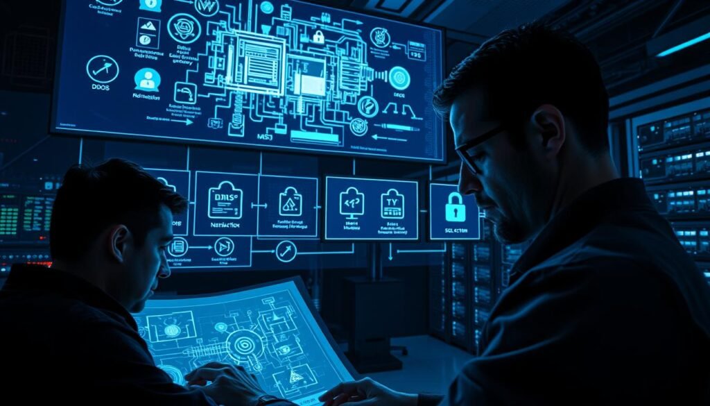 A dimly lit network operations center, with a large display panel showcasing various cybersecurity threat icons. In the foreground, a network administrator examines a detailed blueprint of a complex network infrastructure, their brow furrowed in concentration. The middle ground features a series of holographic projections, illustrating common networking attacks such as distributed denial-of-service (DDoS), man-in-the-middle, and SQL injection, their intricate mechanisms unfolding in a mesmerizing display. In the background, a vast array of servers and networking equipment hum with activity, casting an eerie, blue-tinged glow across the scene. The overall atmosphere conveys a sense of vigilance and the constant battle against the evolving landscape of cyber threats.