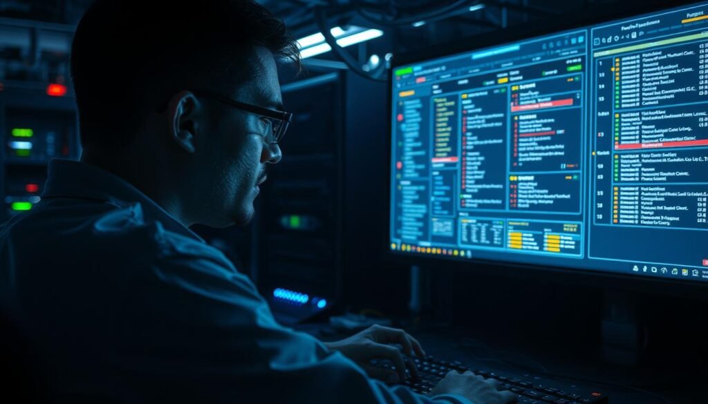 A dimly lit network operations center, with a technician intently examining a complex firewall dashboard on a large display. The soft glow of the screen illuminates their concentrated expression as they delve into the intricate layers of network configurations, searching for the root cause of the issues at hand. The room is filled with the hum of servers and the occasional beep of alerts, creating an atmosphere of focused troubleshooting. Cables and equipment are neatly organized, conveying a sense of precision and attention to detail. The overall scene suggests a methodical, data-driven approach to diagnosing and resolving network configuration problems before they escalate into larger incidents.