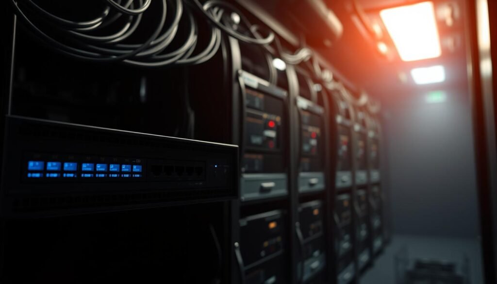 A dimly lit network server room, the air thick with the hum of cooling fans. In the foreground, a sleek, modern router stands guard, its ports carefully secured and its firewall vigilantly monitoring incoming traffic. The middle ground reveals a tidy rack of servers, each one encased in a sturdy metal chassis, their network interfaces restricted to essential connections. The background fades into the shadows, suggesting the vast expanse of the network, its reach limited and controlled, protected from unauthorized access by layers of security measures.