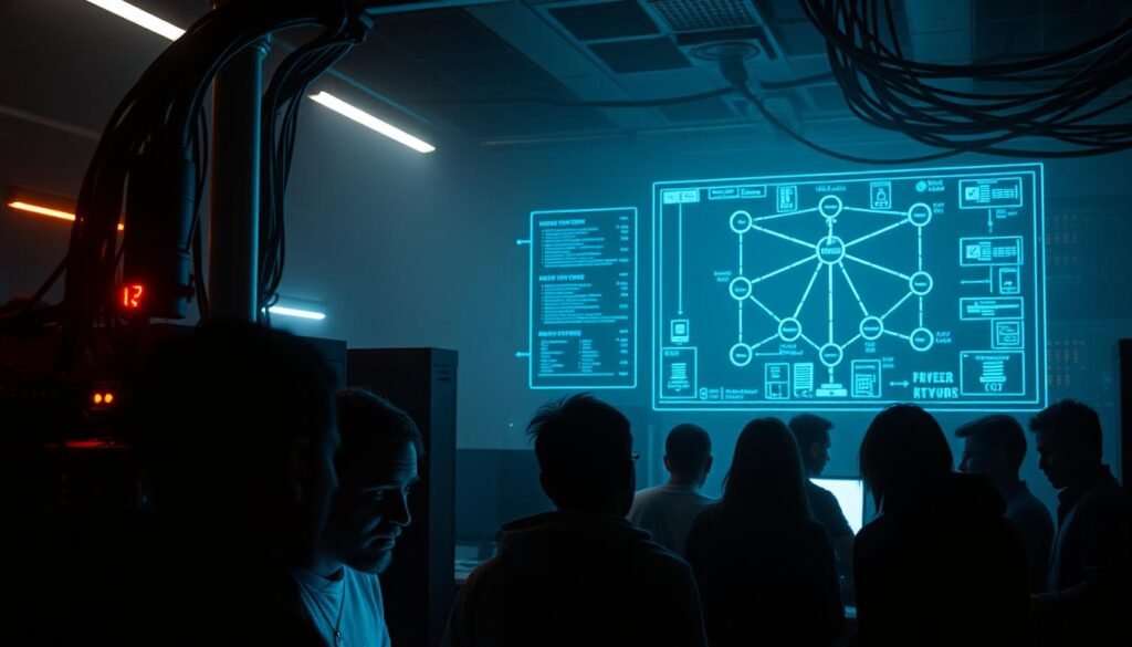 A dimly lit networking hub, its cables and ports illuminated by a soft, ambient glow. In the foreground, a group of hackers scrutinize the setup, their faces cast in shadows as they study the intricacies of the system. In the middle ground, a holographic display projects a schematic of network topologies, conveying the fundamental concepts of connectivity. The background is shrouded in a hazy, technological atmosphere, with the faint outlines of servers and routers visible, hinting at the broader infrastructure that powers the digital world. The scene exudes a sense of exploration and discovery, as the hackers delve into the mysteries of networking, poised to uncover its hidden potential.