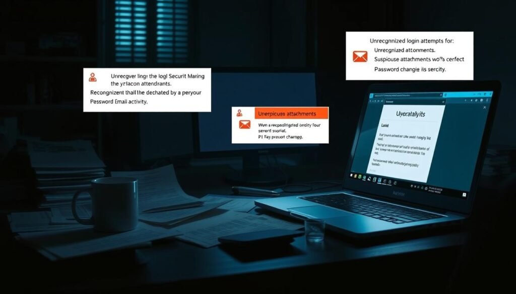 A dimly lit office desk, the glow of a computer screen casting a soft light. Scattered papers, a coffee mug, and an open laptop display various warning signs of suspicious email activity - unrecognized login attempts, suspicious attachments, unexpected password changes. The scene conveys a sense of digital vulnerability, hinting at the need for vigilance and investigation to protect one's online security. A dimly lit office desk, the glow of a computer screen casting a soft light. Scattered papers, a coffee mug, and an open laptop display various warning signs of suspicious email activity - unrecognized login attempts, suspicious attachments, unexpected password changes. The scene conveys a sense of digital vulnerability, hinting at the need for vigilance and investigation to protect one's online security.