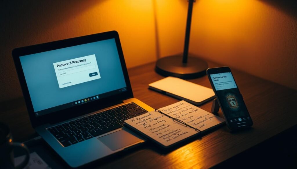 A dimly lit office desk with a laptop, notepad, and a smartphone. The laptop screen displays a password recovery prompt, the notepad has handwritten notes about incident response steps, and the smartphone shows a message about a recent password breach. A sense of urgency and tension pervades the scene, conveying the need for a carefully considered plan of action. Soft, warm lighting from a desk lamp casts subtle shadows, creating depth and atmosphere. The overall composition suggests the importance of having a well-defined password incident response protocol. A dimly lit office desk with a laptop, notepad, and a smartphone. The laptop screen displays a password recovery prompt, the notepad has handwritten notes about incident response steps, and the smartphone shows a message about a recent password breach. A sense of urgency and tension pervades the scene, conveying the need for a carefully considered plan of action. Soft, warm lighting from a desk lamp casts subtle shadows, creating depth and atmosphere. The overall composition suggests the importance of having a well-defined password incident response protocol.