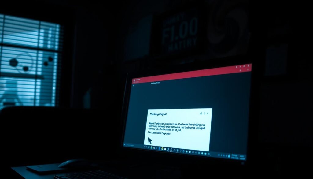 A dimly lit office environment, the glow of a desktop computer screen casting a soft, ominous light. On the display, a cleverly crafted phishing email lures the unsuspecting victim, its subject line and sender address designed to appear legitimate. The user's cursor hovers over the link, tempted to click, unaware of the impending danger. The room is hushed, an atmosphere of tension and unease, as the scene captures the moment just before a potential security breach. Detailed textures, subtle shadows, and a sense of foreboding set the tone, reflecting the insidious nature of phone hacking through common attack vectors.
