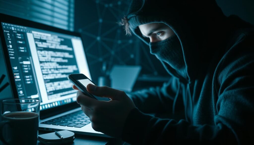 A dimly lit office interior, a laptop screen casting a soft glow on the face of a hacker deep in concentration. In the foreground, a pair of hands skillfully manipulate a smartphone, crafting a deceptive phishing message. The background is a web of virtual connections, hinting at the complex social engineering tactics employed to bypass security measures. Subtle cues, like a half-empty coffee cup and a tattered notepad, convey the intensity of the operation. Dramatic chiaroscuro lighting emphasizes the sense of secrecy and urgency, as the hacker works to subvert "something you have" authentication.