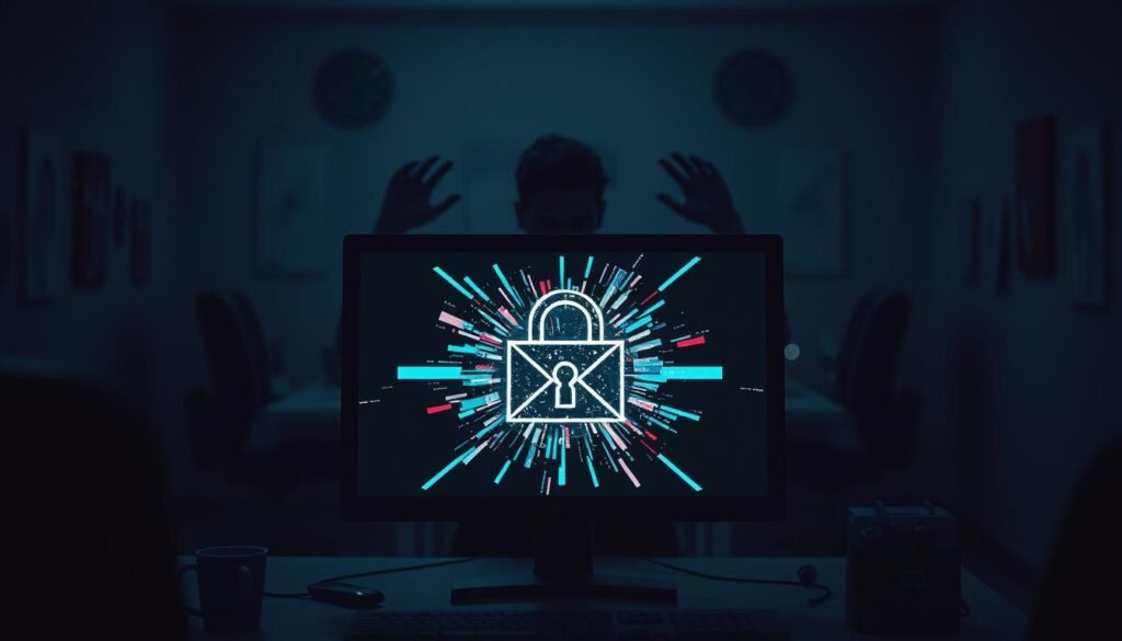 A dimly lit office interior, with a desk and computer monitor in the foreground. On the screen, a stylized graphic depicting a locked padlock, surrounded by glitching digital distortions, symbolizing the vulnerabilities of email systems. In the middle ground, a human figure appears distressed, hands raised in a gesture of concern. The background features a shadowy, ominous atmosphere, with abstract representations of hacking tools and cybersecurity threats looming ominously. The scene conveys a sense of tension and the risks associated with email vulnerabilities, setting the stage for the article's subject matter.
