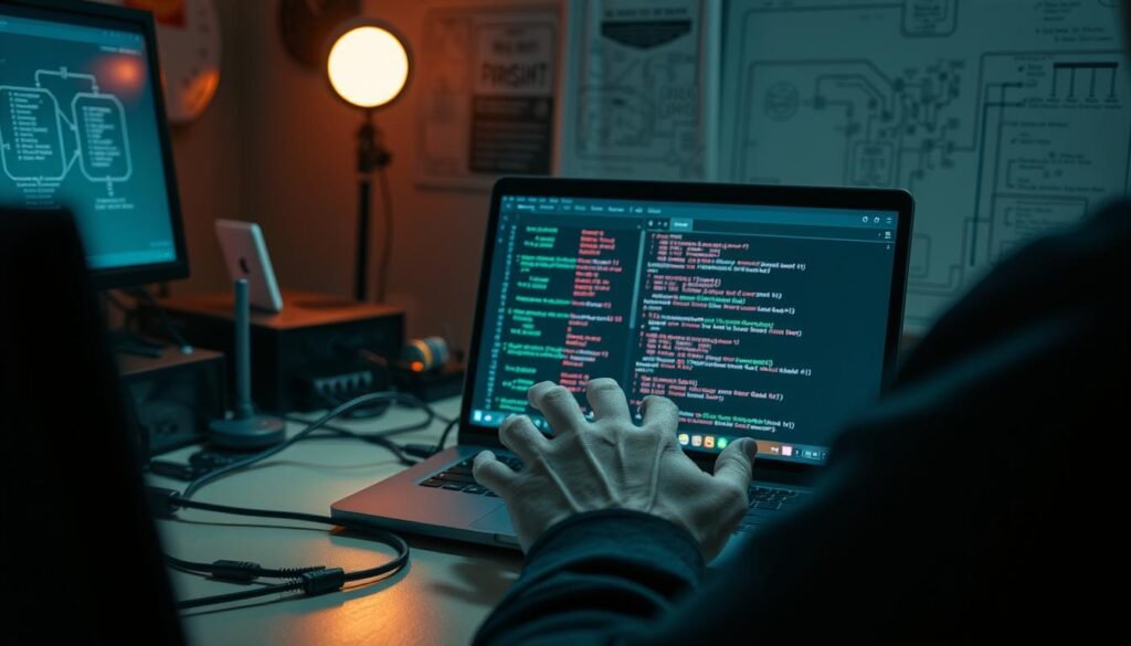 A dimly lit office setting, a desk with a laptop and various electronic devices, including an Ethernet cable and router. In the foreground, a person's hands are carefully navigating the Wireshark user interface, analyzing network traffic on the screen. The background features technical diagrams and schematics, conveying the analytical and technical nature of the task. Soft, directional lighting casts shadows, creating a sense of depth and focus on the central task. The overall atmosphere is one of concentration and problem-solving, with a touch of technical sophistication.