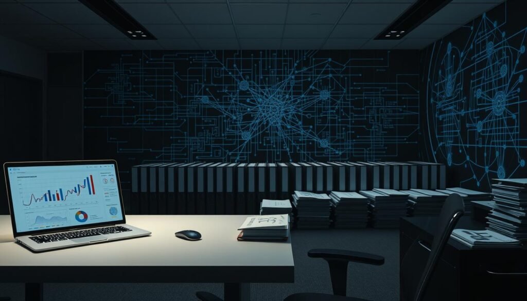 A dimly lit office setting, with a clean, modern desk in the foreground. On the desk, a laptop displaying various graphs, charts, and security analytics dashboards. In the middle ground, rows of binders and technical manuals arranged neatly, representing industry standards and security best practices. The background features a large, abstract wall mural depicting a gridded network of interconnected nodes, symbolizing the complex web of cybersecurity controls and benchmarks. Soft, directional lighting casts a contemplative, professional atmosphere, while the overall composition conveys a sense of order, precision, and the systematic validation of security measures. A dimly lit office setting, with a clean, modern desk in the foreground. On the desk, a laptop displaying various graphs, charts, and security analytics dashboards. In the middle ground, rows of binders and technical manuals arranged neatly, representing industry standards and security best practices. The background features a large, abstract wall mural depicting a gridded network of interconnected nodes, symbolizing the complex web of cybersecurity controls and benchmarks. Soft, directional lighting casts a contemplative, professional atmosphere, while the overall composition conveys a sense of order, precision, and the systematic validation of security measures.