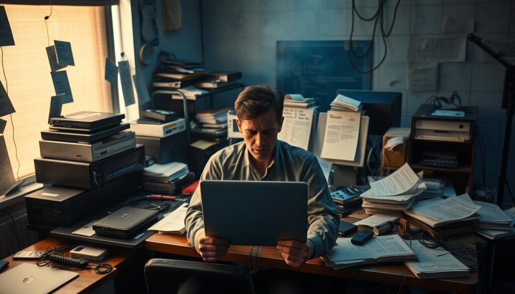 A dimly lit office setting, with a cluttered desk showcasing various cybersecurity-related documents, devices, and tools in disarray. The foreground features a frustrated individual, hands gripping their head, surrounded by scattered papers and a laptop with a glitching screen. The middle ground includes outdated hardware, tangled cables, and a looming sense of disorganization. The background casts a gloomy, blue-tinted atmosphere, hinting at the consequences of poor portfolio management. The scene conveys a sense of chaos, missed opportunities, and the need for a more organized and strategic approach to building a compelling cybersecurity portfolio. A dimly lit office setting, with a cluttered desk showcasing various cybersecurity-related documents, devices, and tools in disarray. The foreground features a frustrated individual, hands gripping their head, surrounded by scattered papers and a laptop with a glitching screen. The middle ground includes outdated hardware, tangled cables, and a looming sense of disorganization. The background casts a gloomy, blue-tinted atmosphere, hinting at the consequences of poor portfolio management. The scene conveys a sense of chaos, missed opportunities, and the need for a more organized and strategic approach to building a compelling cybersecurity portfolio.