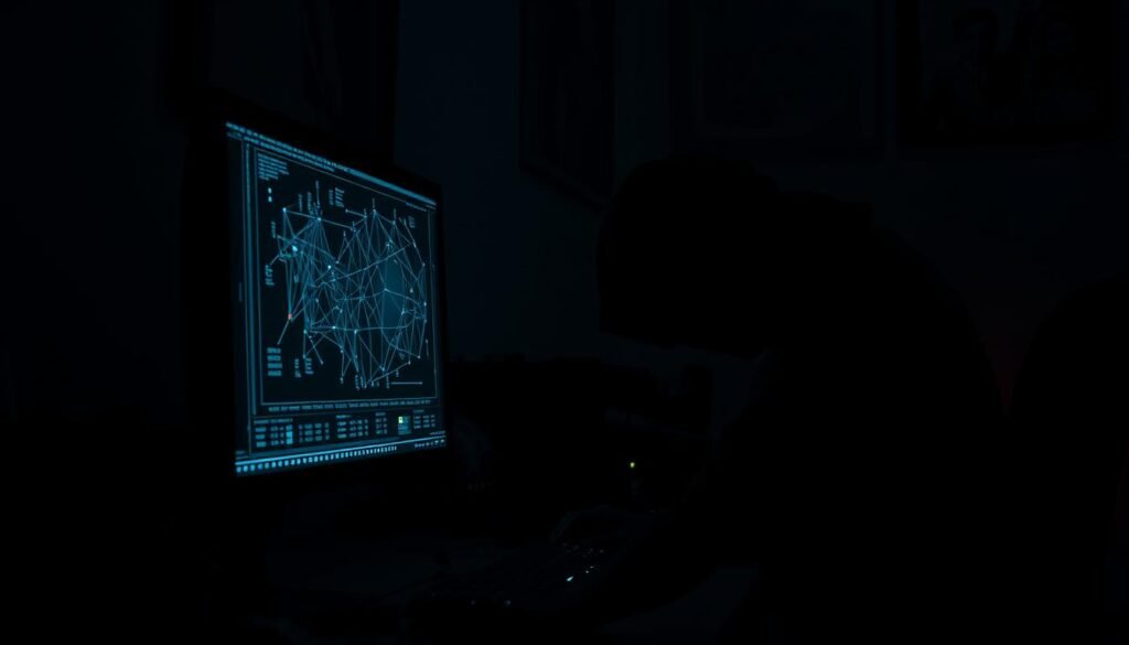 A dimly lit office setting, with a computer monitor emitting a soft glow in the foreground. On the screen, a complex network diagram is displayed, hinting at the intricate web of vulnerabilities to be exploited. In the middle ground, a shadowy figure hunches over the keyboard, their face obscured, probing and manipulating the system. The background is shrouded in a sense of unease, with ominous shadows creeping in from the edges, conveying the potential consequences of such exploitative actions. The scene is captured with a moody, cinematic lighting, creating a tense and foreboding atmosphere.