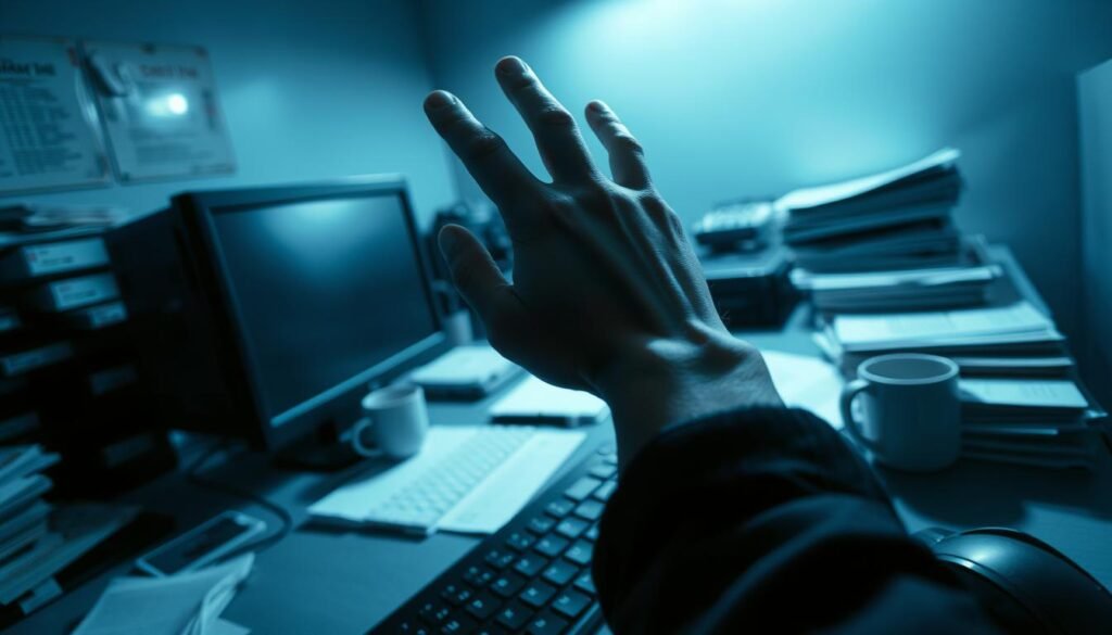 A dimly lit office setting, with a desktop computer, stacks of paper, and a coffee mug on the desk. In the foreground, a person's hand hovers over the keyboard, casting a shadow on the screen. Subtle behavioral cues, like a furrowed brow and tense posture, indicate distress or unease. The room is bathed in a cool, blue-grey hue, creating an atmosphere of tension and unease. The scene is captured through a wide-angle lens, with a shallow depth of field, emphasizing the focus on the person's actions and the sense of isolation. This image aims to convey the early warning signs of an insider threat, both technical and behavioral, in a visually compelling and evocative manner.