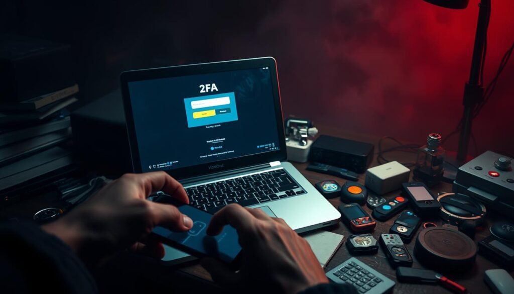 A dimly lit office setting, with a laptop on a cluttered desk surrounded by disarray. The screen displays a 2FA login prompt, hinting at vulnerabilities. In the foreground, a hand reaches for a smartphone, symbolic of the common pitfall of relying on SMS-based 2FA. The middle ground features various authentication tokens and devices, representing the complexity of managing multiple 2FA methods. The background is hazy, conveying a sense of uncertainty and the potential for security breaches. Moody, low-key lighting creates an atmosphere of unease, emphasizing the need for vigilance when configuring 2FA across platforms.