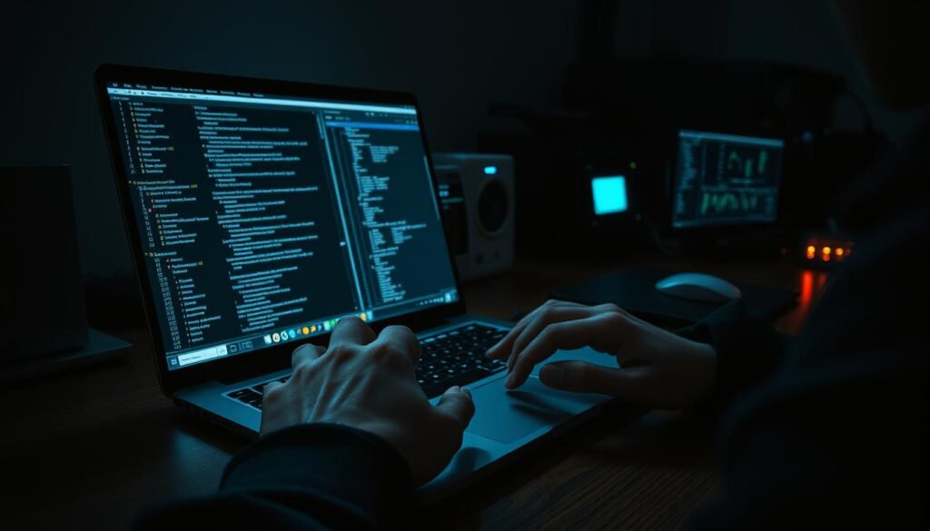 A dimly lit office space, a desk with a laptop and various cybersecurity tools, hands deeply engaged in the assessment process. Shadows cast across the scene, adding depth and a sense of focus. The laptop screen displays lines of code, schematics, and security dashboards. Subtle ambient lighting illuminates the workspace, creating a moody, intense atmosphere. The hands are poised, fingers deftly navigating the keyboard and interface, conveying a sense of expertise and concentration. The overall composition suggests a hands-on, immersive cybersecurity assessment in progress. A dimly lit office space, a desk with a laptop and various cybersecurity tools, hands deeply engaged in the assessment process. Shadows cast across the scene, adding depth and a sense of focus. The laptop screen displays lines of code, schematics, and security dashboards. Subtle ambient lighting illuminates the workspace, creating a moody, intense atmosphere. The hands are poised, fingers deftly navigating the keyboard and interface, conveying a sense of expertise and concentration. The overall composition suggests a hands-on, immersive cybersecurity assessment in progress.