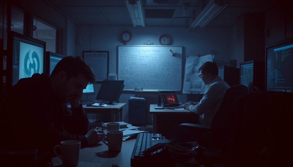 A dimly lit office space, the glow of computer screens casting shadows on the faces of a security team. In the foreground, a lone figure hunched over a keyboard, brow furrowed in concentration. Scattered papers, coffee mugs, and the faint hum of hardware suggest a tense, high-pressure environment. The middle ground reveals a whiteboard covered in hastily scrawled notes and diagrams, hints of a recent red team exercise gone awry. In the background, a sense of unease lingers, as the team grapples with the lessons learned from their mistakes, determined to improve their detection and response capabilities. A dimly lit office space, the glow of computer screens casting shadows on the faces of a security team. In the foreground, a lone figure hunched over a keyboard, brow furrowed in concentration. Scattered papers, coffee mugs, and the faint hum of hardware suggest a tense, high-pressure environment. The middle ground reveals a whiteboard covered in hastily scrawled notes and diagrams, hints of a recent red team exercise gone awry. In the background, a sense of unease lingers, as the team grapples with the lessons learned from their mistakes, determined to improve their detection and response capabilities.