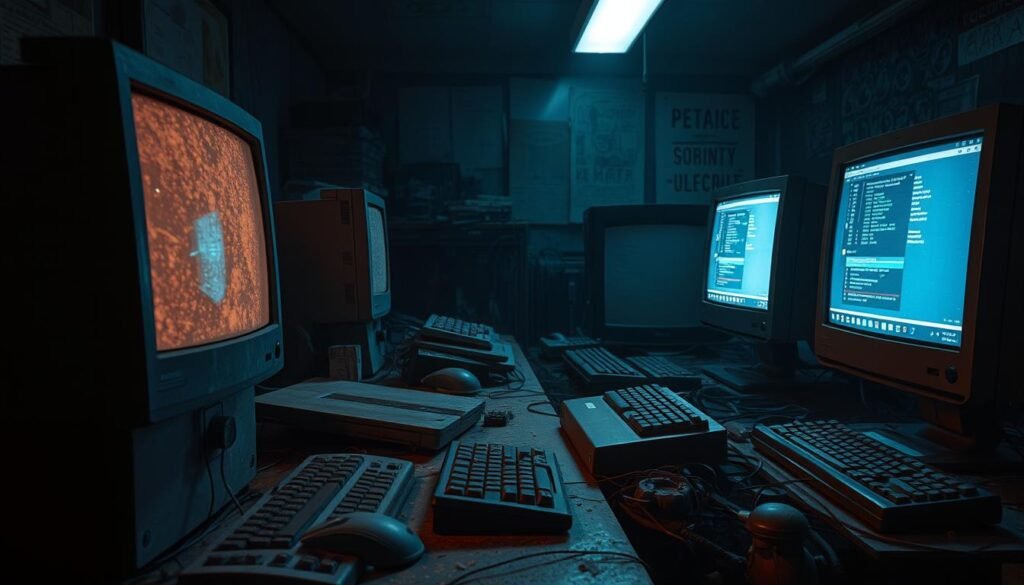 A dimly-lit office space, the glow of outdated desktop computers casting an eerie light. Aged software icons and outdated taskbar menus litter the cluttered desktop, a testament to the neglected systems. Dusty keyboards and mouse pads gather in the shadows, forgotten amidst the digital detritus. A sense of digital decay permeates the scene, a cautionary tale of the security risks posed by software that has long outlived its usefulness. Harsh, unflattering lighting accentuates the worn, antiquated aesthetics, creating an unsettling atmosphere of technological obsolescence.
