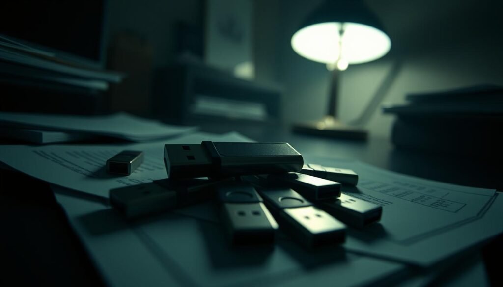 A dimly lit office space, the soft glow of a desk lamp illuminating the scene. In the center, a USB stick rests on a pile of documents, its metallic surface reflecting the light. Surrounding it, a handful of other thumb drives, each representing a crucial trade settlement. The air is heavy with tension, as if the fate of the bank's transactions hinges on the information contained within these unassuming devices. The camera angle is low, emphasizing the importance and power of the USB sticks. The muted color palette and subtle shadows create a sense of mystery and intrigue, hinting at the larger narrative unfolding.