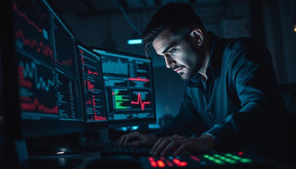 A dimly lit office, the glow of multiple computer screens casting an eerie light. In the foreground, a data visualization dashboard displays graphs, charts, and logs - a tapestry of information hinting at potential security threats. In the middle ground, a skilled analyst scrutinizes the data, brow furrowed in concentration, their fingers flying across the keyboard as they automate the process of sifting through mountains of log files. The background is shrouded in shadows, suggesting the unseen dangers lurking beyond the reach of the computer's light. The overall atmosphere is one of focused intensity, a race against time to uncover and neutralize any emerging security risks. A dimly lit office, the glow of multiple computer screens casting an eerie light. In the foreground, a data visualization dashboard displays graphs, charts, and logs - a tapestry of information hinting at potential security threats. In the middle ground, a skilled analyst scrutinizes the data, brow furrowed in concentration, their fingers flying across the keyboard as they automate the process of sifting through mountains of log files. The background is shrouded in shadows, suggesting the unseen dangers lurking beyond the reach of the computer's light. The overall atmosphere is one of focused intensity, a race against time to uncover and neutralize any emerging security risks.