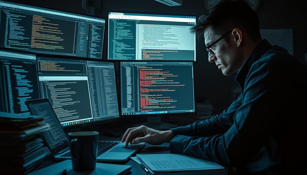 A dimly lit office workspace, with a desk cluttered with stacks of paper, laptop, and a mug of coffee. On the screen, various software windows display code snippets, security alerts, and bug bounty reports. The developer leans in, brow furrowed, carefully examining the reports, seeking to uncover the root causes and craft effective solutions. The atmosphere is one of focus and determination, as the developer navigates the complex world of bug bounty programs, turning these reports into actionable security fixes that will strengthen the product's defenses. A dimly lit office workspace, with a desk cluttered with stacks of paper, laptop, and a mug of coffee. On the screen, various software windows display code snippets, security alerts, and bug bounty reports. The developer leans in, brow furrowed, carefully examining the reports, seeking to uncover the root causes and craft effective solutions. The atmosphere is one of focus and determination, as the developer navigates the complex world of bug bounty programs, turning these reports into actionable security fixes that will strengthen the product's defenses.