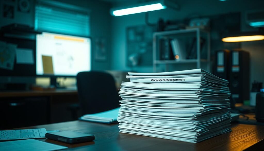 A dimly lit office workspace, with a desk, computer, and various work-related items. On the desk, a stack of documents and folders, representing the "work experience requirements" needed for a professional certification. The lighting is soft and warm, creating a contemplative atmosphere. The background is slightly blurred, emphasizing the focus on the desk and its contents. The overall composition conveys the importance of meeting the necessary qualifications and building a strong professional portfolio.