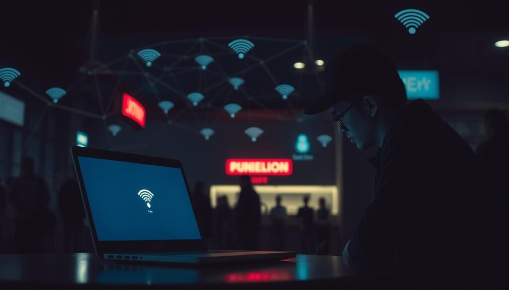 A dimly lit public space, a lone laptop on a table, its screen glowing with a network connection indicator. In the background, a tangled web of Wi-Fi signals, representing the unseen vulnerabilities of an open network. The laptop's user, their face partially obscured, exudes a sense of caution and awareness, underscoring the need for vigilance when accessing sensitive information on public Wi-Fi. The scene is bathed in a soft, subdued light, creating an atmosphere of unease and the importance of taking essential steps to protect personal data.
