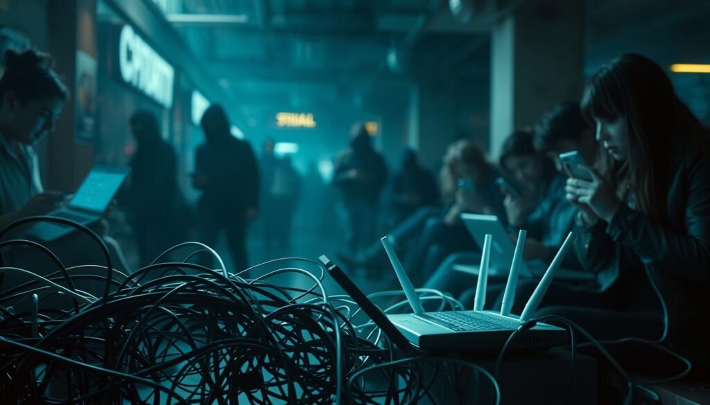 A dimly lit public space, with people discreetly using their laptops and smartphones, conveying a sense of vulnerability and risk. In the foreground, a tangled web of network cables and unsecured wireless routers, symbolizing the invisible threats lurking within the open Wi-Fi network. The background features shadowy figures, hinting at potential cybercriminals monitoring the activity and siphoning sensitive data. The lighting is moody, with a tinge of suspense, emphasizing the importance of caution and vigilance when using public Wi-Fi. The overall atmosphere suggests the need for heightened security awareness and the implementation of protective measures to safeguard personal information.