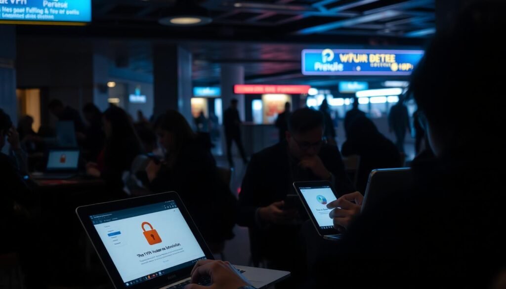 A dimly lit public space with people discreetly using their laptops and smartphones. In the foreground, a person using a VPN on their device, their screen showing a secure connection. In the middle ground, other individuals browsing the web cautiously, avoiding sensitive tasks. The background depicts the bustling scene of a cafe or airport, with people moving about, conveying a sense of public activity. The lighting is soft and muted, creating an atmosphere of privacy and focus amidst the public setting. The scene conveys the importance of practicing safe browsing habits when using public Wi-Fi networks.