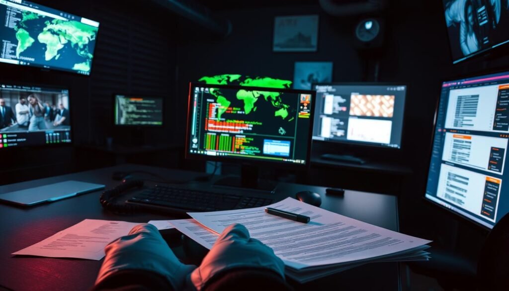 A dimly lit room, dominated by a sleek, high-tech workstation. On the display, windows blink with lines of code, maps, and real-time data feeds. In the foreground, a pair of gloved hands carefully handle a collection of evidence - a smartphone, a USB drive, and a set of printed documents, all bathed in the soft glow of task lighting. The walls are lined with monitors, each displaying a different aspect of the investigation - security camera footage, financial records, and communication logs. The overall atmosphere is intense, focused, and heavily technological, reflecting the complexity of an international cybercrime investigation. A dimly lit room, dominated by a sleek, high-tech workstation. On the display, windows blink with lines of code, maps, and real-time data feeds. In the foreground, a pair of gloved hands carefully handle a collection of evidence - a smartphone, a USB drive, and a set of printed documents, all bathed in the soft glow of task lighting. The walls are lined with monitors, each displaying a different aspect of the investigation - security camera footage, financial records, and communication logs. The overall atmosphere is intense, focused, and heavily technological, reflecting the complexity of an international cybercrime investigation.