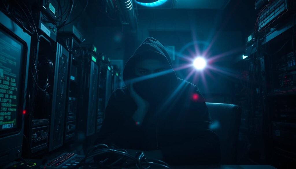 A dimly lit room, its walls lined with computer hardware and cables, serves as the backdrop for a figure hunched over a glowing screen. The malware author's face is obscured, their intent shrouded in mystery. In the foreground, a tangle of numbers, symbols, and programming languages swirl, hinting at the intricate web of code they weave. The air is thick with a sense of purpose, driven by a curious mix of intellectual challenge, financial gain, and a desire to disrupt the status quo. A lens flare from the screen casts an ominous glow, suggesting the malicious nature of their work. The scene evokes a complex psychology, where curiosity, ambition, and a disregard for consequences converge to shape the motivations of the malware author. A dimly lit room, its walls lined with computer hardware and cables, serves as the backdrop for a figure hunched over a glowing screen. The malware author's face is obscured, their intent shrouded in mystery. In the foreground, a tangle of numbers, symbols, and programming languages swirl, hinting at the intricate web of code they weave. The air is thick with a sense of purpose, driven by a curious mix of intellectual challenge, financial gain, and a desire to disrupt the status quo. A lens flare from the screen casts an ominous glow, suggesting the malicious nature of their work. The scene evokes a complex psychology, where curiosity, ambition, and a disregard for consequences converge to shape the motivations of the malware author.