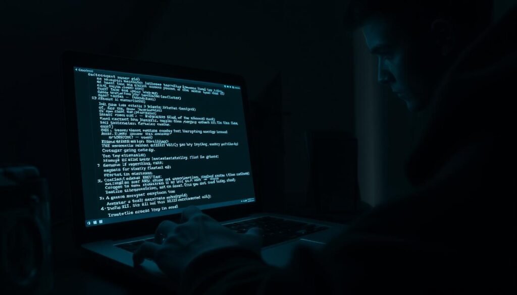 A dimly lit room, shadows creeping across the walls. On a desk, a laptop screen displays a series of complex code and encrypted files. In the foreground, a person's hands hover over the keyboard, brow furrowed in frustration. The atmosphere is tense, conveying the challenges and limitations of encryption - the inability to access vital information, the vulnerability to hacking, the potential for misuse. Cinematic lighting casts dramatic shadows, emphasizing the sense of unease and the unseen dangers lurking in the digital realm. A sense of foreboding pervades the scene, underscoring the downsides of relying too heavily on encryption without proper safeguards.