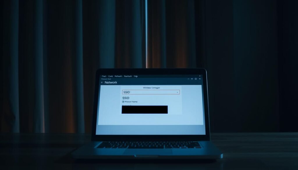 A dimly lit room, the curtains drawn, with a laptop resting on a wooden desk. The laptop's screen displays a network configuration menu, the SSID field obscured by a digital overlay, signifying the concealment of the wireless network name. Subtle lighting casts a warm glow, creating an atmosphere of privacy and security. The scene conveys the importance of hiding network details to prevent unauthorized access, aligning with the article's focus on securing a home or office network.